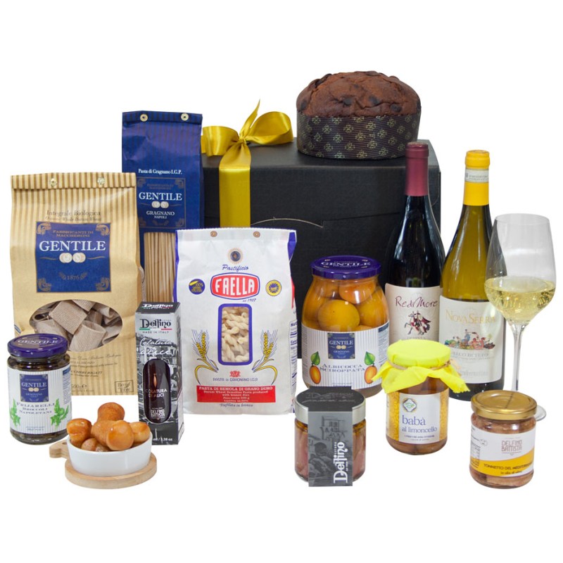 Box regalo con vino e prodotti gastronomici